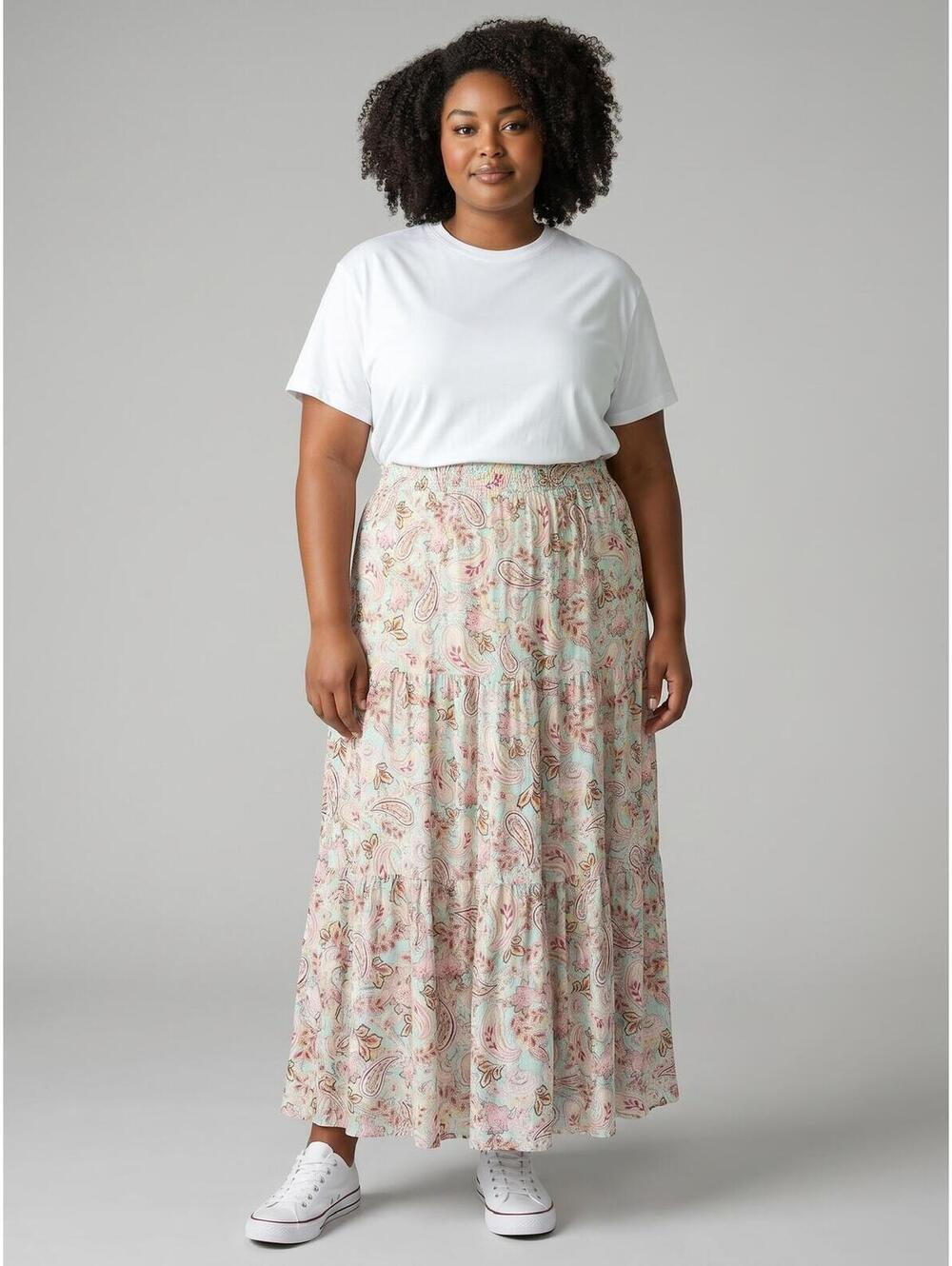 I.N. Studio NWT Tiered Maxi Skirt-Size 1X-Burgundy Mint Yellow Pink